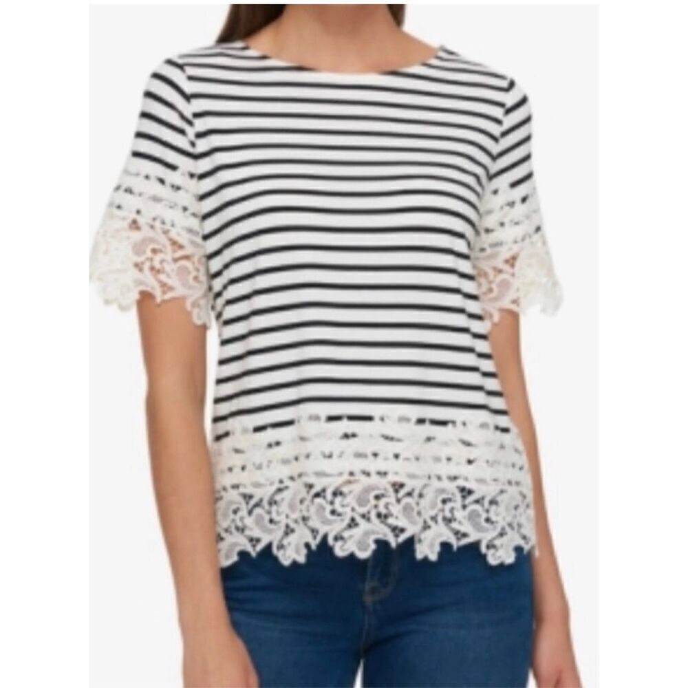 Tommy Hilfiger Women’s Bohemian Striped Lace-Trim Top White Black Size L